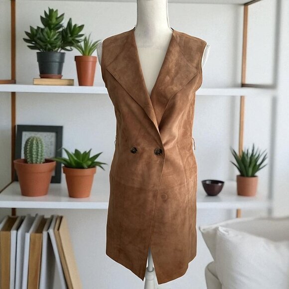 WHITE HOUSE BLACK MARKET Tan Suede Belted Long Vest Size XS - Picture 1 of 8